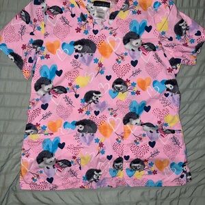 Women's Cherokee' Pink Hedgehog & Hearts Scrub Top